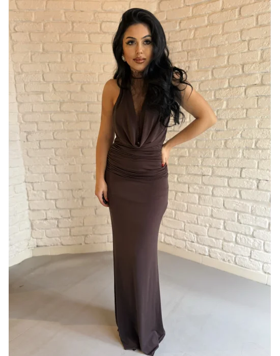 Kadın Dantel Göğüs Ve Sırt Dekoltesi Drapeli Elbise