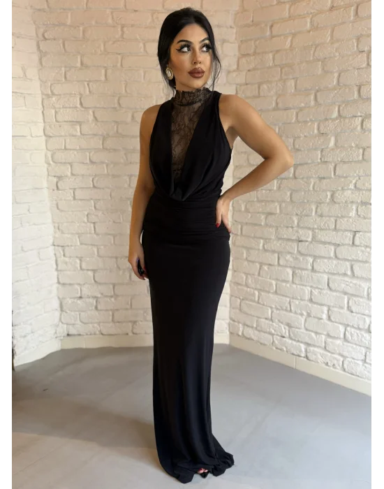 Kadın Dantel Göğüs Ve Sırt Dekoltesi Drapeli Elbise