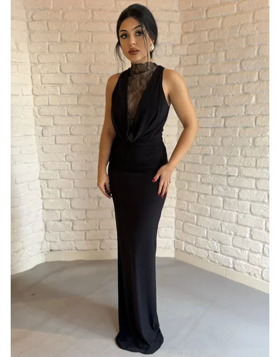 Kadın Dantel Göğüs Ve Sırt Dekoltesi Drapeli Elbise