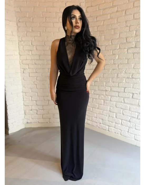 Kadın Dantel Göğüs Ve Sırt Dekoltesi Drapeli Elbise