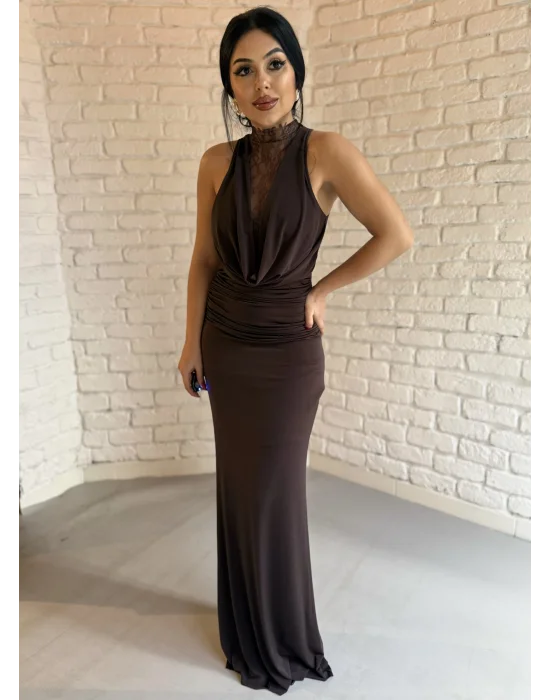 Kadın Dantel Göğüs Ve Sırt Dekoltesi Drapeli Elbise