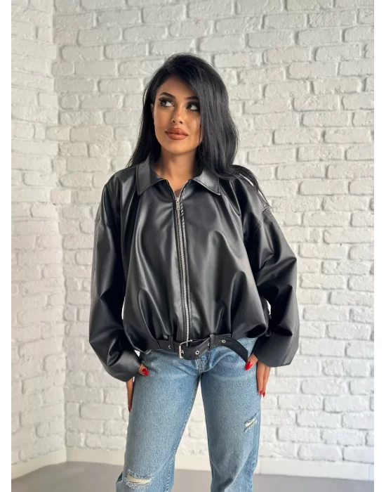Kadın Deri Kemerli Deri Oversize Bomber Ceket