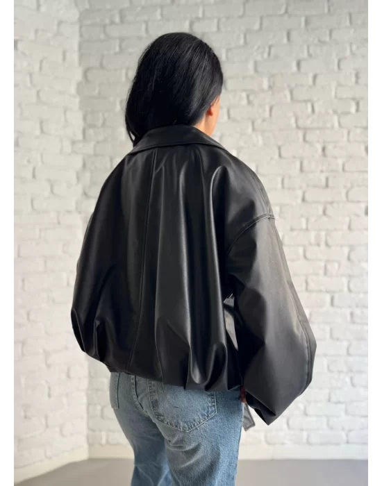 Kadın Deri Kemerli Deri Oversize Bomber Ceket