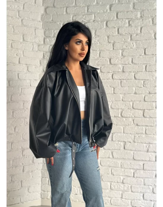 Kadın Deri Kemerli Deri Oversize Bomber Ceket