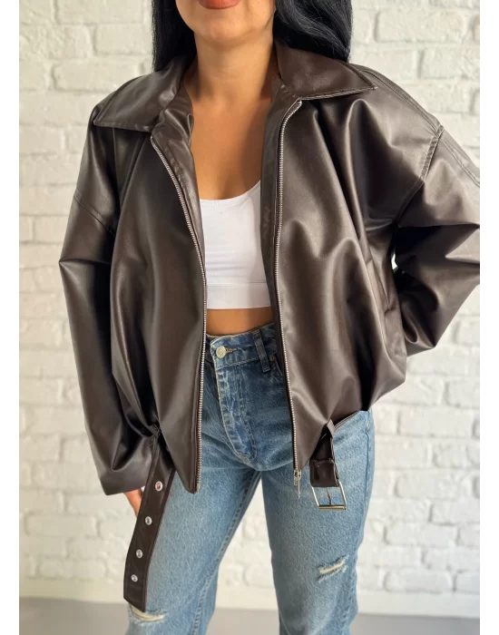 Kadın Deri Kemerli Deri Oversize Bomber Ceket