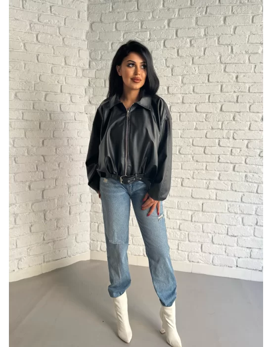 Kadın Deri Kemerli Deri Oversize Bomber Ceket