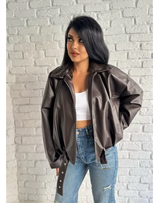 Kadın Deri Kemerli Deri Oversize Bomber Ceket