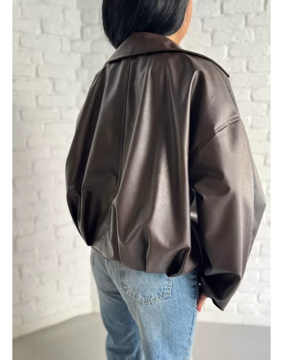 Kadın Deri Kemerli Deri Oversize Bomber Ceket