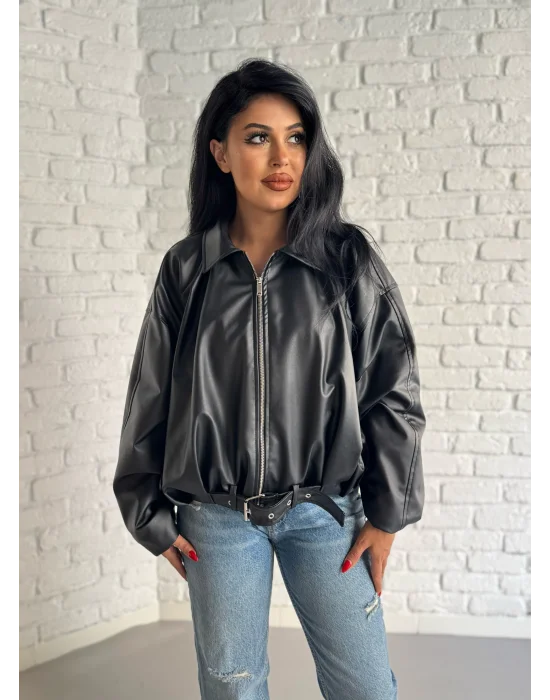 Kadın Deri Kemerli Deri Oversize Bomber Ceket