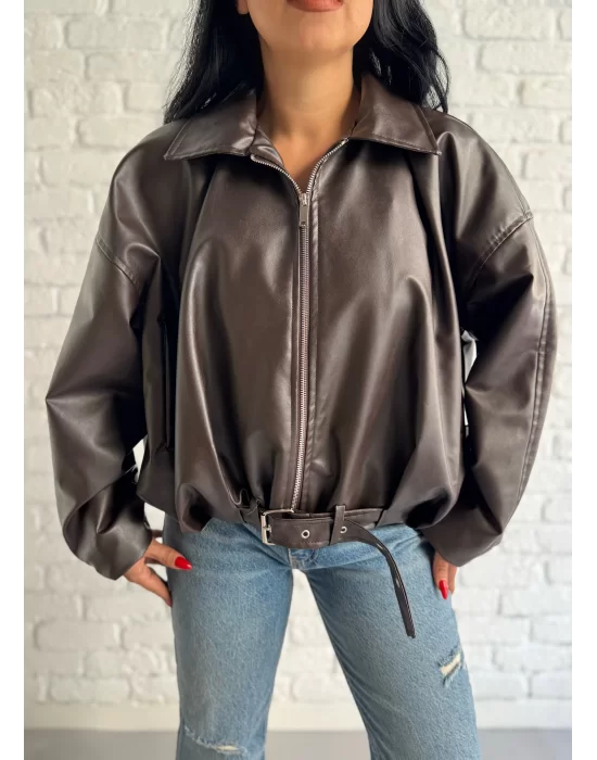 Kadın Deri Kemerli Deri Oversize Bomber Ceket