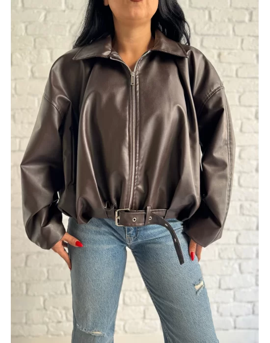 Kadın Deri Kemerli Deri Oversize Bomber Ceket