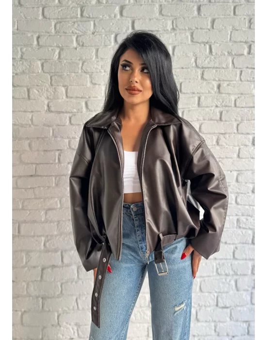 Kadın Deri Kemerli Deri Oversize Bomber Ceket