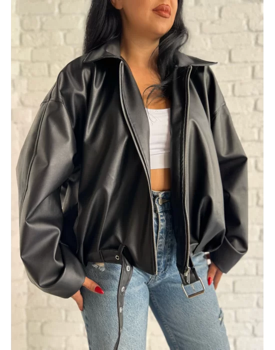 Kadın Deri Kemerli Deri Oversize Bomber Ceket