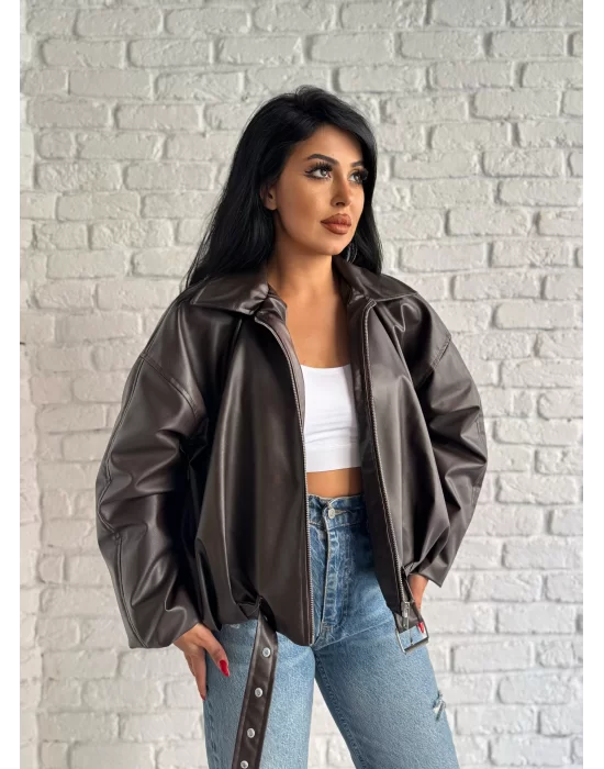 Kadın Deri Kemerli Deri Oversize Bomber Ceket