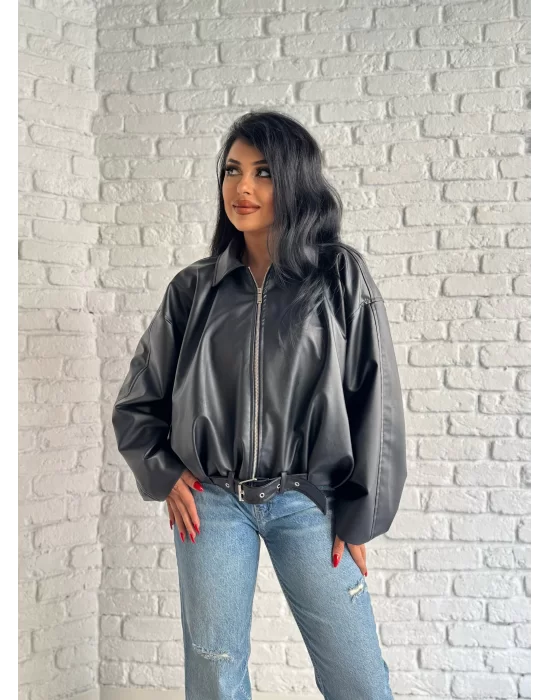 Kadın Deri Kemerli Deri Oversize Bomber Ceket