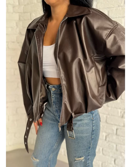 Kadın Deri Kemerli Deri Oversize Bomber Ceket