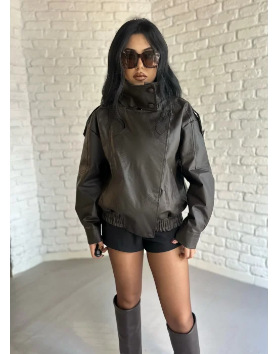 Kadın Dik Yaka Bomber Deri Ceket