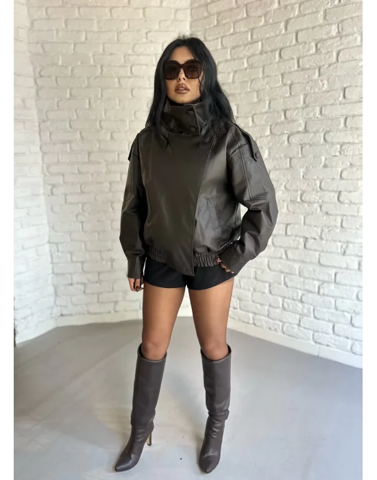 Kadın Dik Yaka Bomber Deri Ceket
