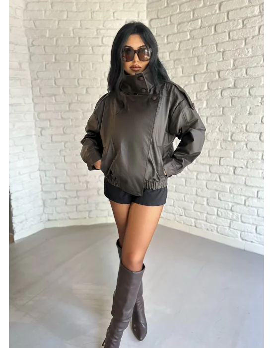 Kadın Dik Yaka Bomber Deri Ceket