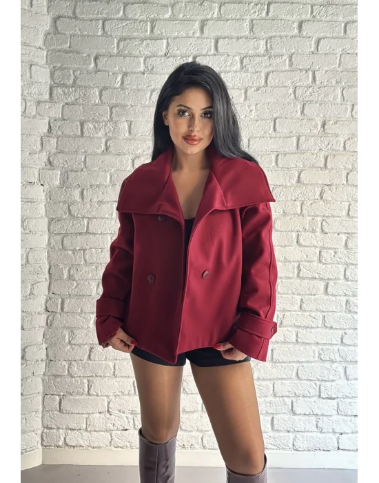 Kadın Dik Yaka Kısa Kemerli Kaşe Kaban