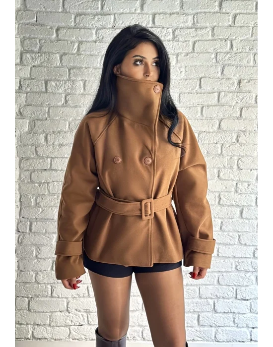 Kadın Dik Yaka Kısa Kemerli Kaşe Kaban