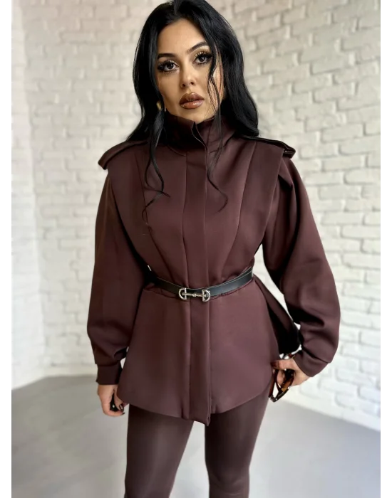 Kadın Dik Yaka Vatkalı Siyah Kemerli Ceket