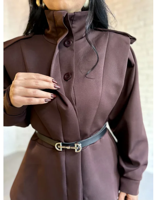 Kadın Dik Yaka Vatkalı Siyah Kemerli Ceket