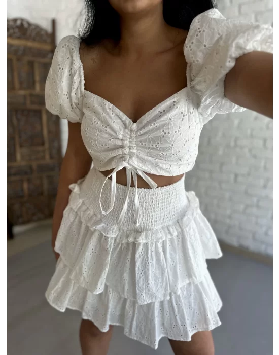 Kadın Fisto Desenli Crop Ve Kat Kat Etek Takım