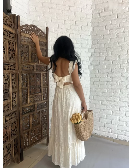 Kadın Fiyonk Bağlama Detaylı Sırt Dekolteli Fırfırlı Fisto Elbise