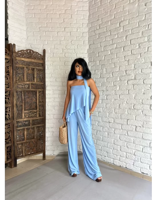 Kadın Fularlı İkili Straplez Bluz Ve Pantolon Takım