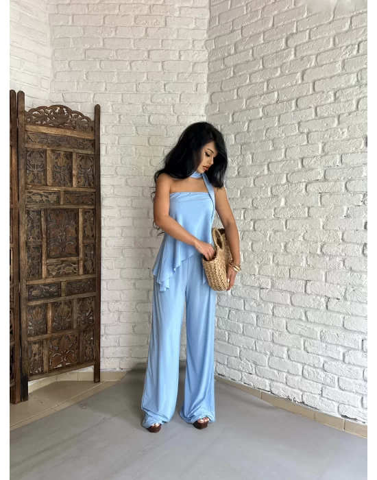 Kadın Fularlı İkili Straplez Bluz Ve Pantolon Takım
