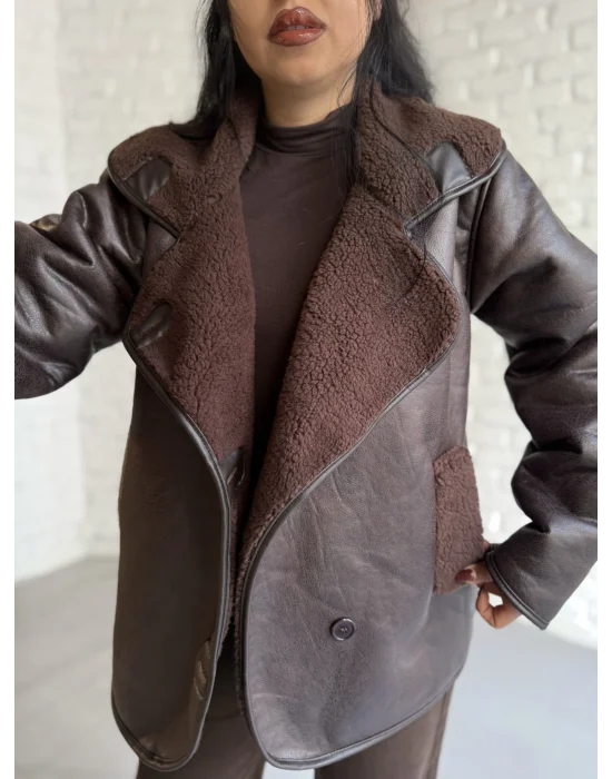 Kadın İçi Peluşlu Oversize Deri Mont