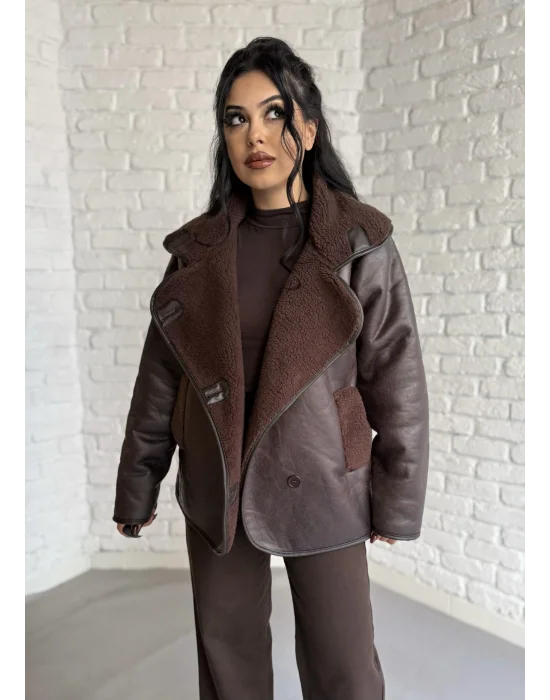 Kadın İçi Peluşlu Oversize Deri Mont