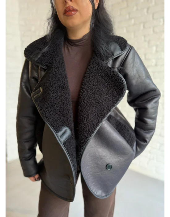 Kadın İçi Peluşlu Oversize Deri Mont