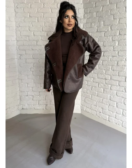 Kadın İçi Peluşlu Oversize Deri Mont