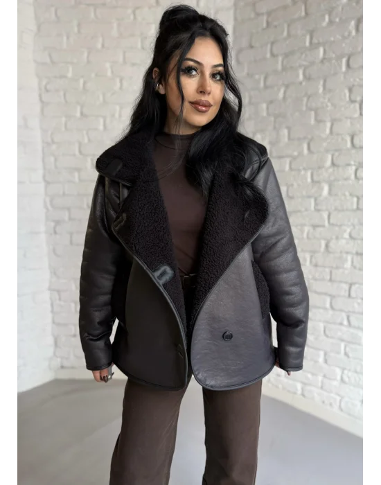 Kadın İçi Peluşlu Oversize Deri Mont
