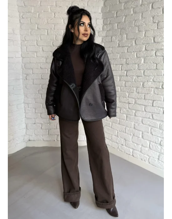 Kadın İçi Peluşlu Oversize Deri Mont