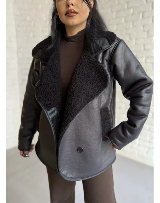 Kadın İçi Peluşlu Oversize Deri Mont