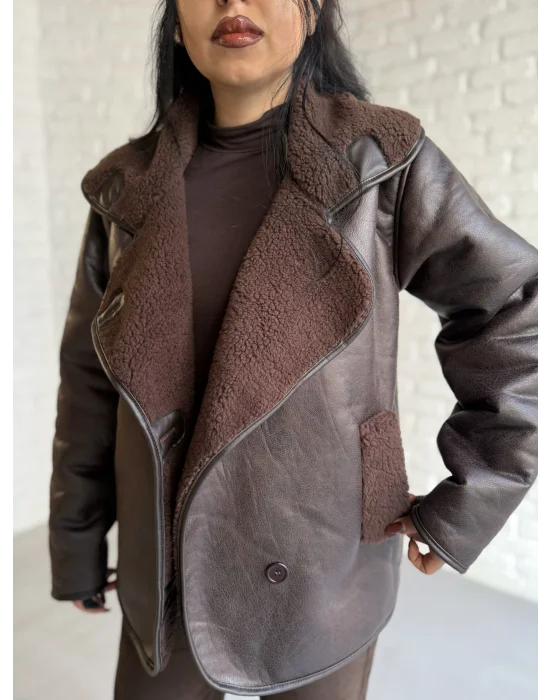 Kadın İçi Peluşlu Oversize Deri Mont