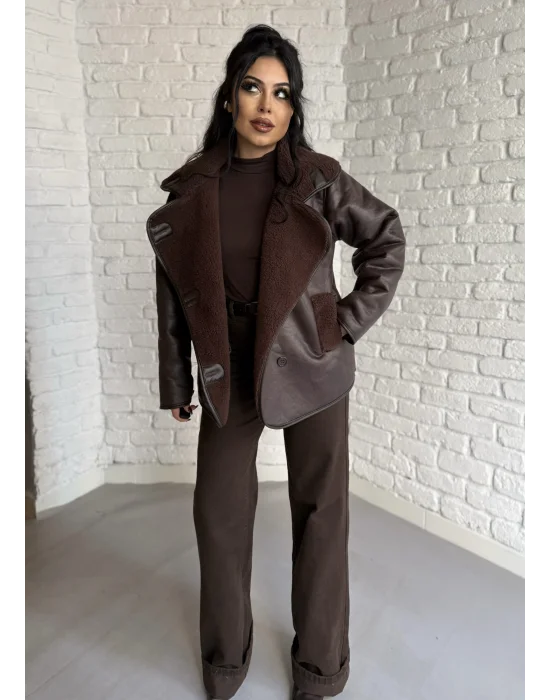 Kadın İçi Peluşlu Oversize Deri Mont