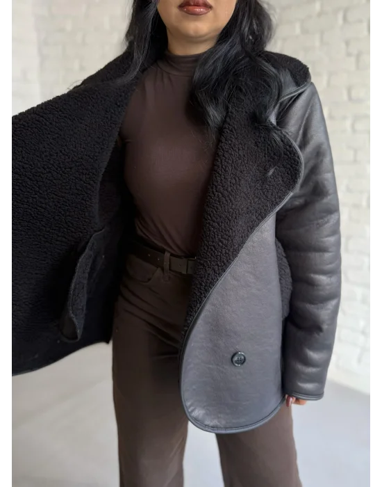 Kadın İçi Peluşlu Oversize Deri Mont