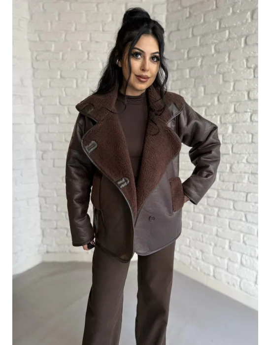 Kadın İçi Peluşlu Oversize Deri Mont