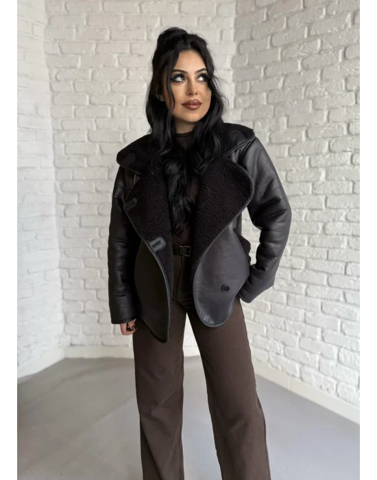 Kadın İçi Peluşlu Oversize Deri Mont