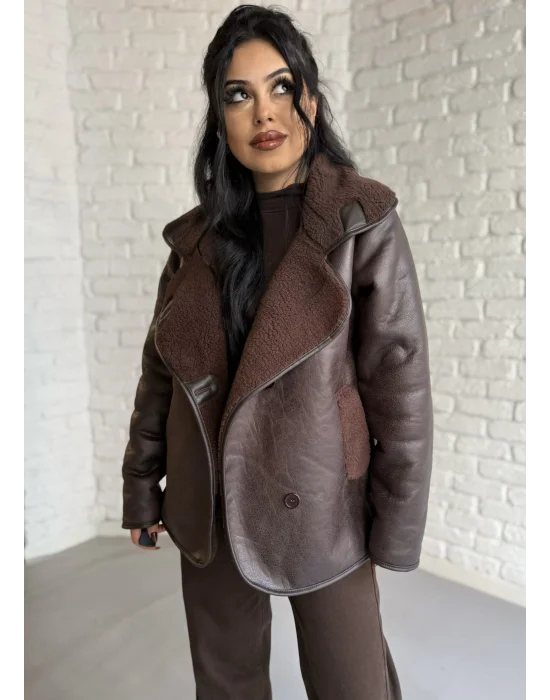 Kadın İçi Peluşlu Oversize Deri Mont