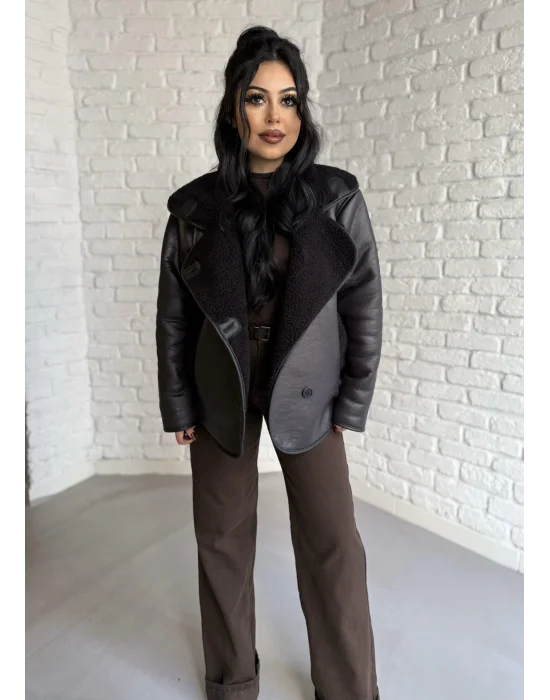Kadın İçi Peluşlu Oversize Deri Mont