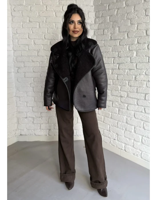 Kadın İçi Peluşlu Oversize Deri Mont