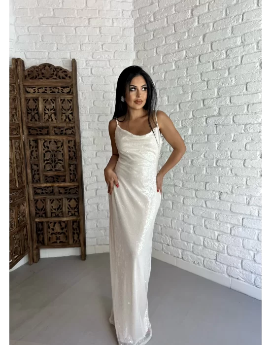 Kadın İnce Askılı Uzun Payetli Tasarım Elbise