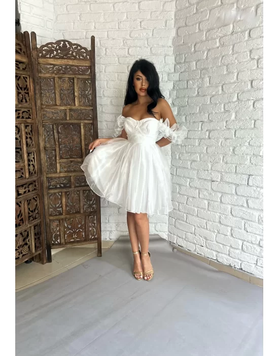 Kadın Kalp Yaka Kol Detaylı Tül BELLA Elbise