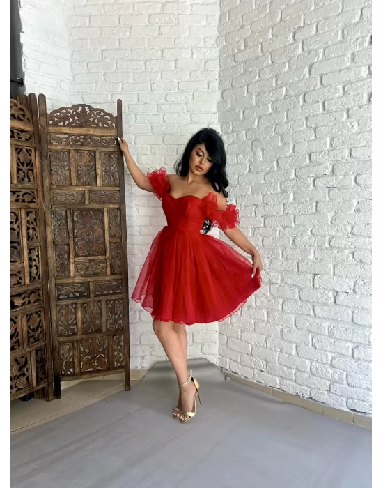 Kadın Kalp Yaka Kol Detaylı Tül BELLA Elbise