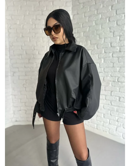 Kadın Kemerli Bomber Deri Ceket